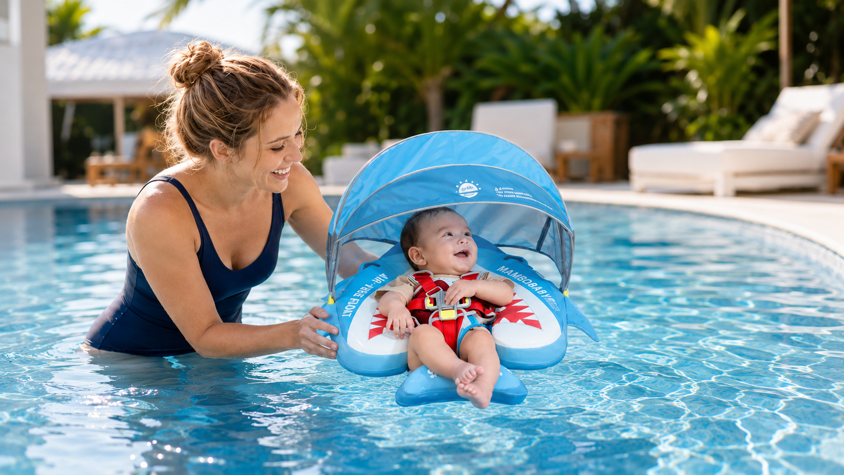Parent closely supervising baby in a blue Mambobaby Float with canopy during sunny pool time