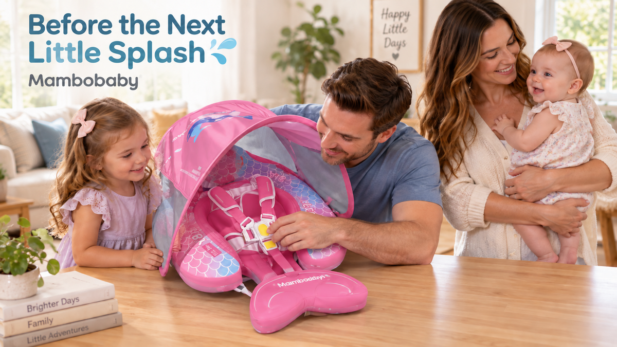 AI-generated family scene showing a father inspecting an empty pink Mambobaby mermaid Float on a dry table while an older child watches and a mother holds an awake baby.