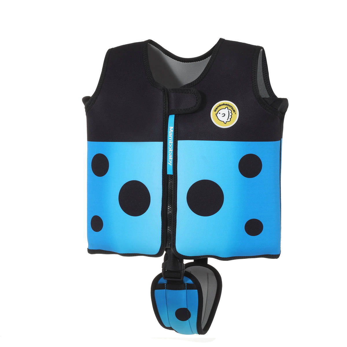 A neoprene life vest with a black top section and bright blue bottom panels decorated with black polka dots, featuring a front zipper, shoulder straps, and a matching wrist strap.