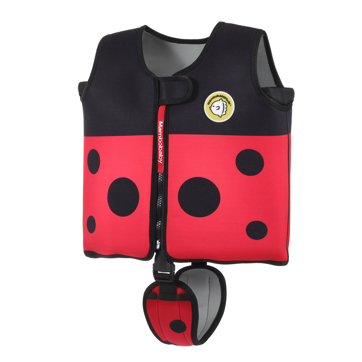 A red and black neoprene life vest with a ladybug pattern, featuring black polka dots, a front zipper, a circular bee patch, and a matching belly strap.