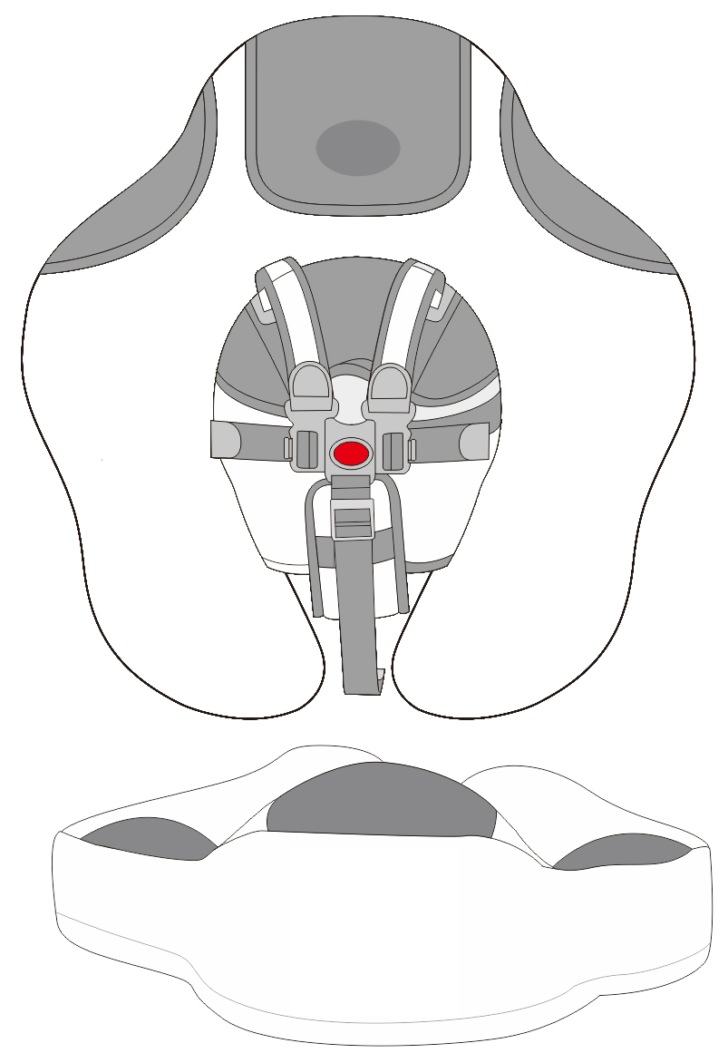 A technical line drawing showing a baby seat or infant car seat harness installed on a seat, with a small red circle highlighting the center buckle area. A separate seat base or cushion is shown below on a white background.