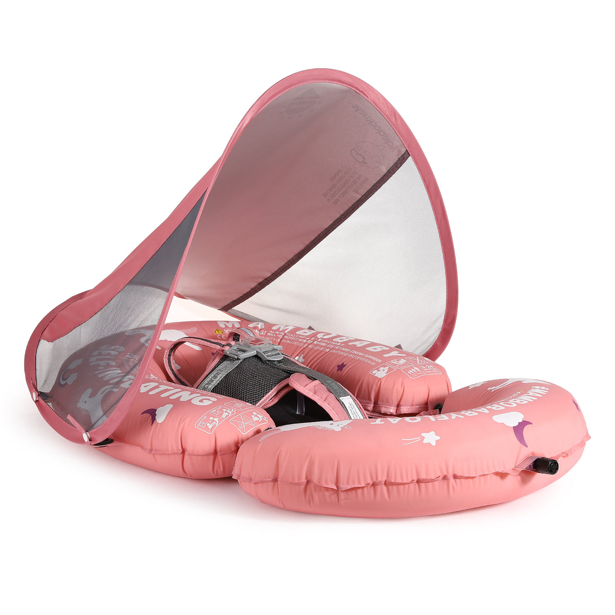 Pink inflatable boat seat with a white interior on a white background