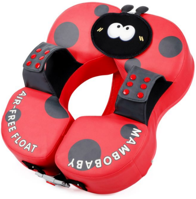 Red and black ladybug-themed baby float neck pillow with air-free straps and white text reading 'AIR-FREE FLOAT' and 'MAMBOBABY'.