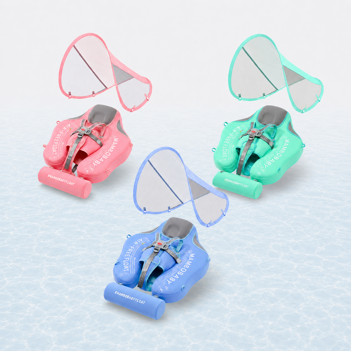 Three infant swim seaters in pink, mint green, and blue, each shown with its matching triangular canopy on a light blue water-textured background. The seaters have gray harness straps and white text reading 'JAYFROZEN'.