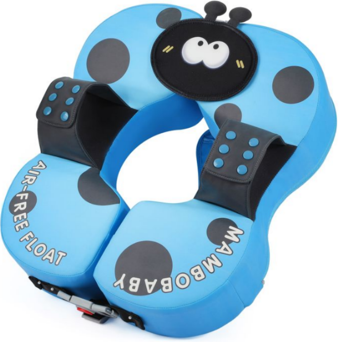 A baby float neck cradle in the shape of a ladybug, featuring a bright blue body with black spots, a black head section with cartoon eyes, and adjustable black straps with blue dots. The words 'AIR-FREE FLOAT' and 'MAMBOBABY' are printed on the sides.
