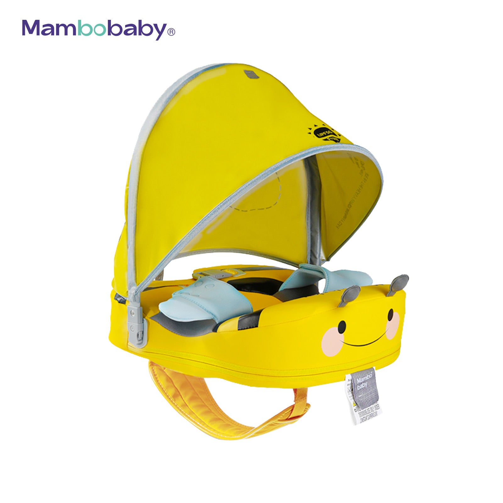 A yellow Mambobaby baby carrier seat with an attached sun canopy, featuring a cartoon bee face on the front and light blue padded interior padding, shown on a white background with the Mambobaby logo in the top left corner.