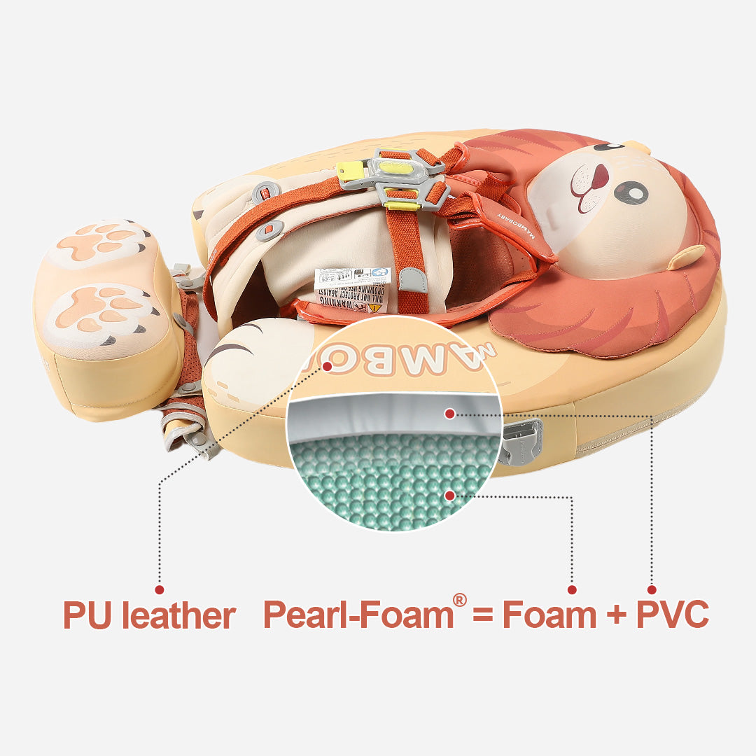 Child safety seat with foam and PVC components labeled on a white background