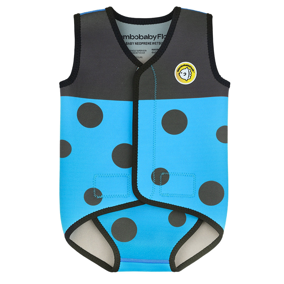 Blue and black polka dot baby life vest on a white background