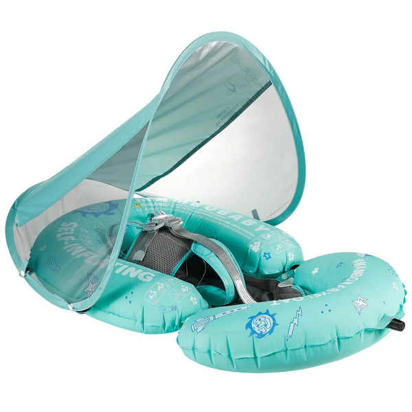 Turquoise inflatable baby float with canopy on a white background